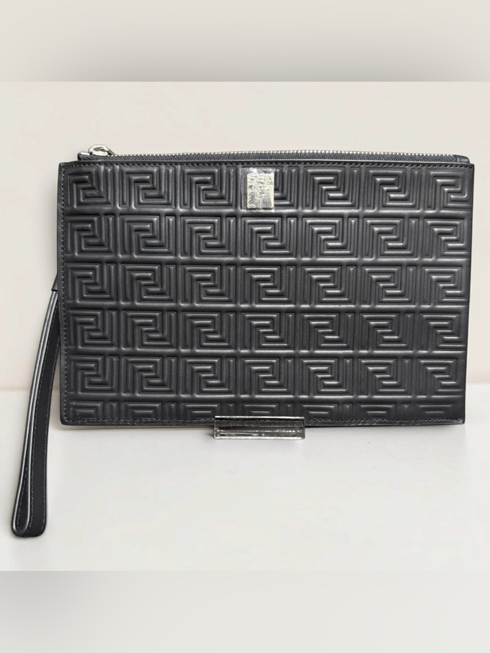 Versace Black La Greca Embossed Leather Wristlet Clutch